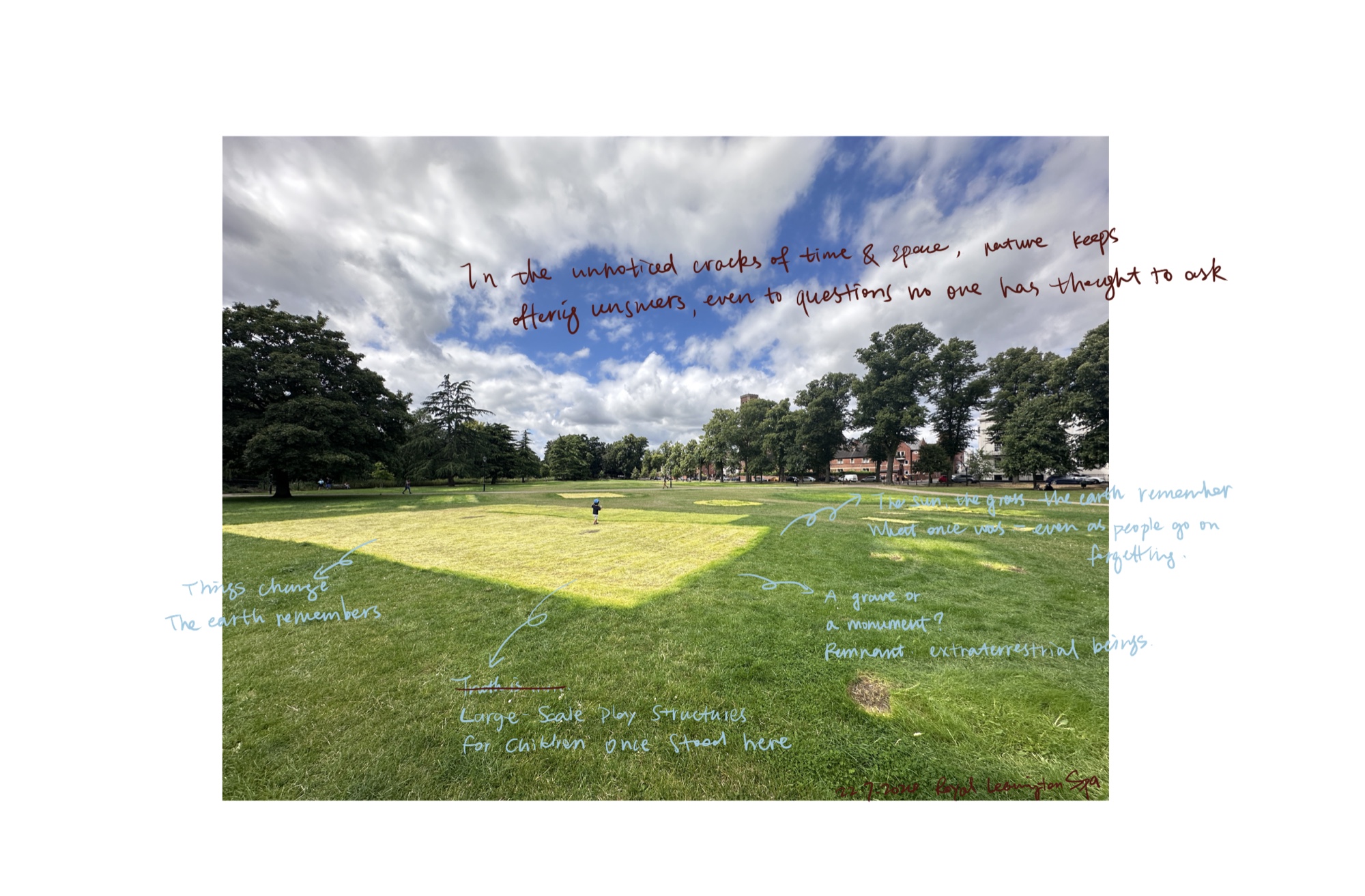 Annotated photograph of rectangular traces across the central lawn in Royal Leamington Spa